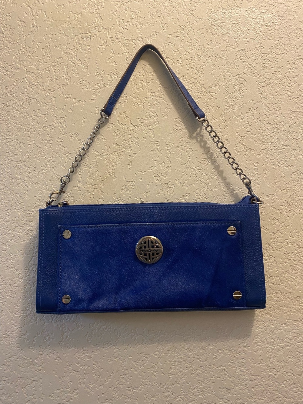Kate Landry Cobalt Blue Leather Cow Hide Shoulder Bag Baguette Chain Strap